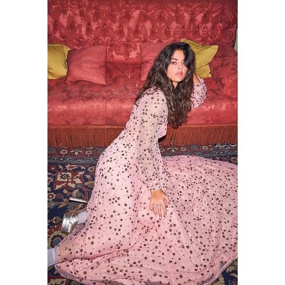 LoveShackFancy Maxi Dress Gown‎ Gold Nude Sequin Sparkle Glitter Tulle Holiday 0